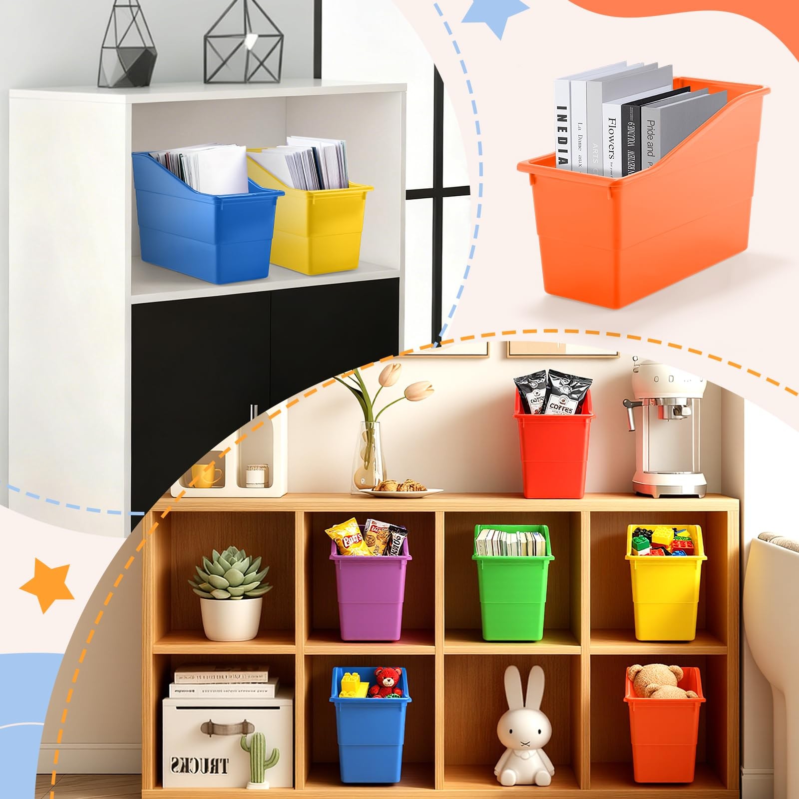 12 Pack Overlapping Classroom Storage Bins (Rainbow Colors) – Durable Book an…