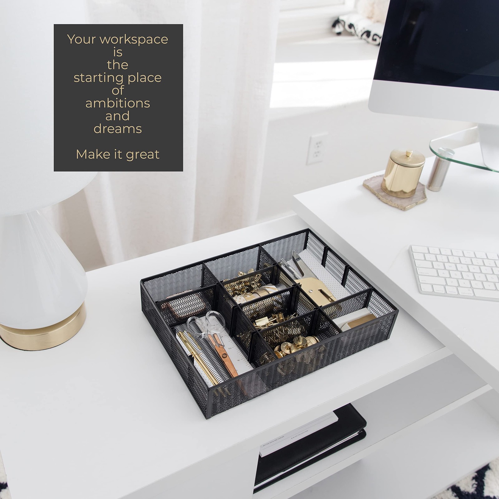 BLU MONACO | Black Metal Mesh Desk Drawer Organizer Tray | 12