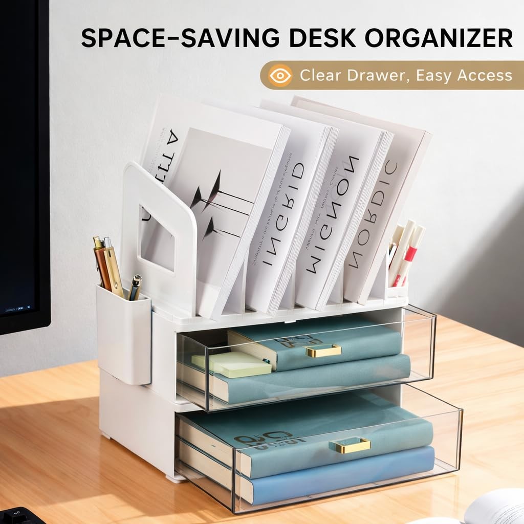CiWiVOKi White Desk Organizer with 4 File Holder Slots, 2 Clear 5 pc,