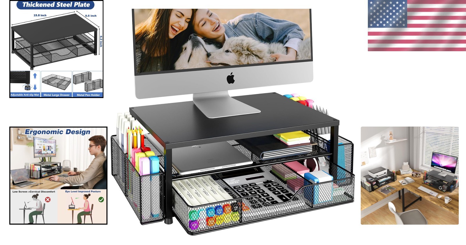 Ergonomic 2-Tier Desk Organizer in Black – Stylish Monitor Stand with Storage