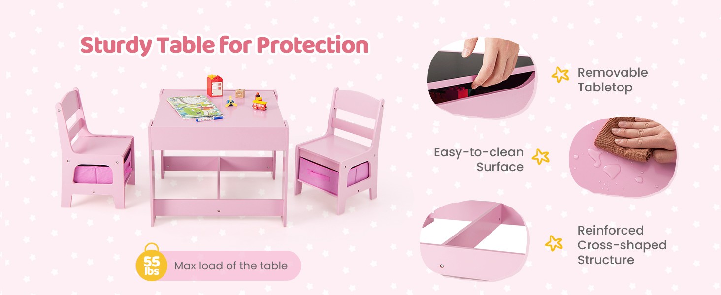 Kids Table and Chair, 3 in 1 Wooden Kids Table with Stora Der,