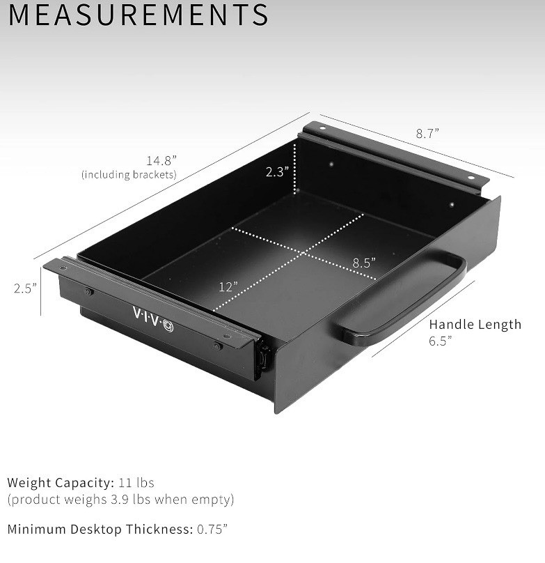 VIVO Black Metal Under Desk Drawer Desktop Organizer DESK-DR1H-B 14.8″ x 8.7″