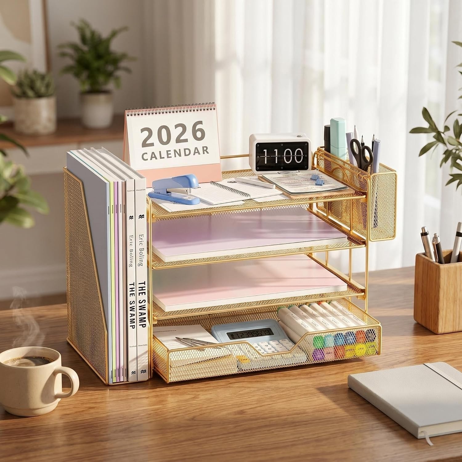 Stylish Gold Desk Organizer with Sliding Drawer & Pen Holder – Easy Assembly