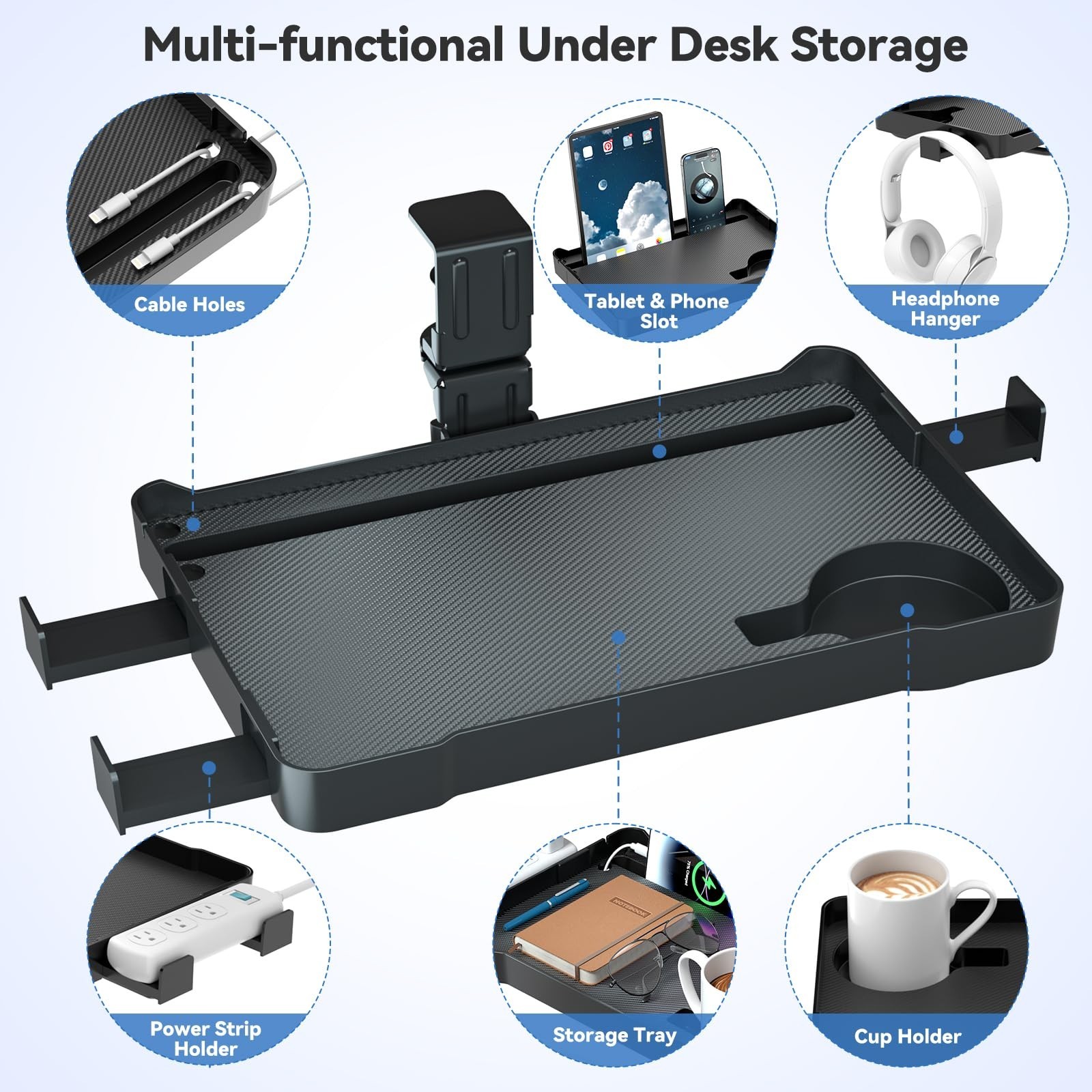 360° Rotating Under Desk Organizer with Headphone Hook, Phone Holder & Cup Holde
