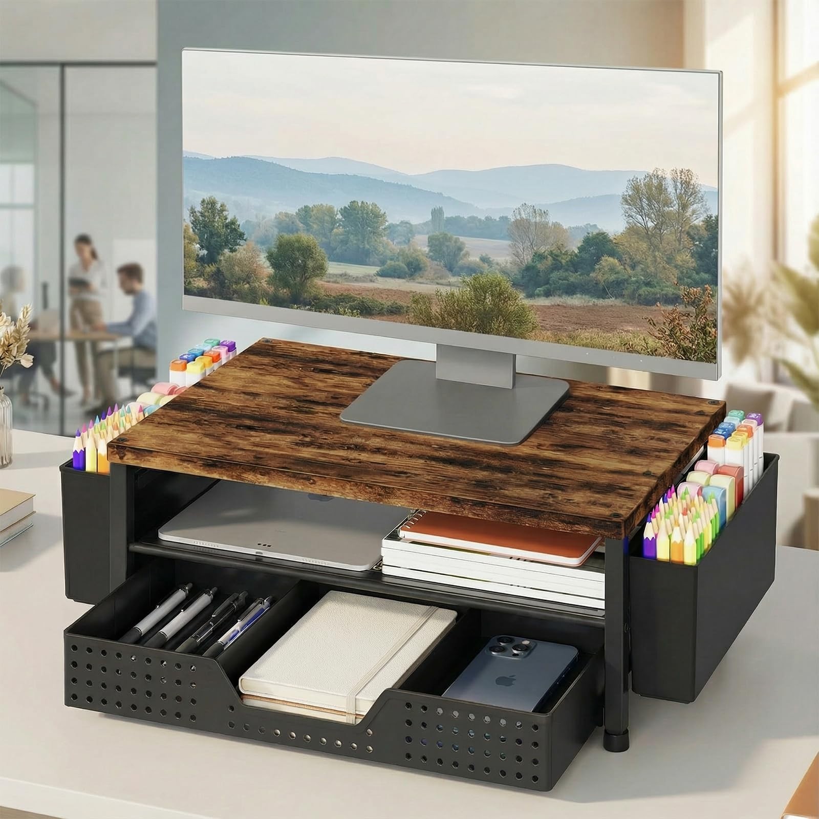 Wood Desk Organizer 2-Tier Monitor Stand Riser with Storage Drawer & Pen Holders