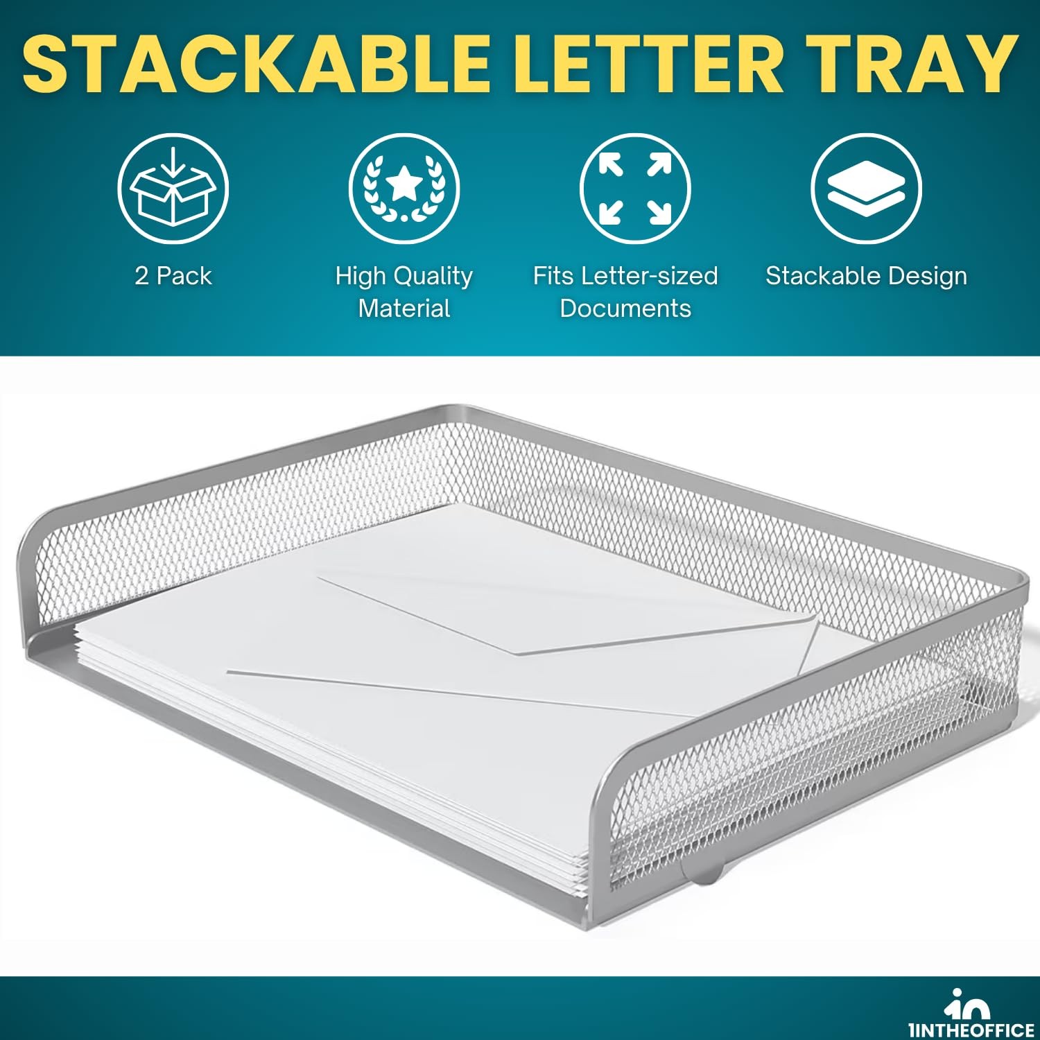 1Inthehome Stackable Side Load Letter Tray Silver Wire Metal Mesh Paper Tray