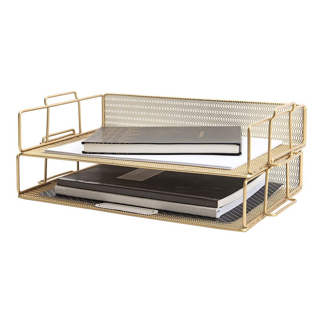 Gold Mesh Paper Tray – Set of 2 Stackable Letter Trays – Durable Metal Desk O…