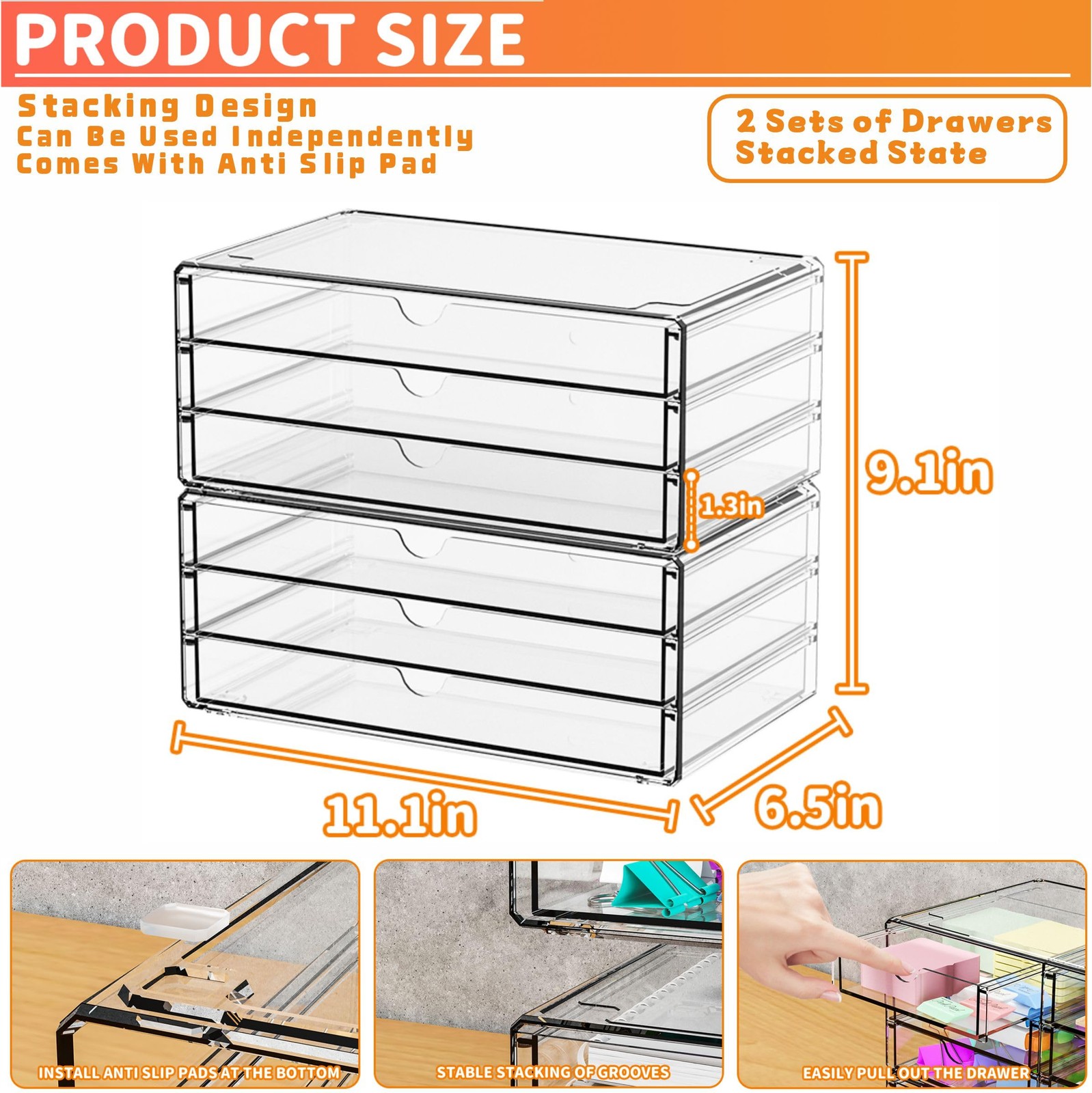 Yieach 2 Pack Acrylic Storage Drawers With 6 Large-6 Drawers-2Pack, Clear