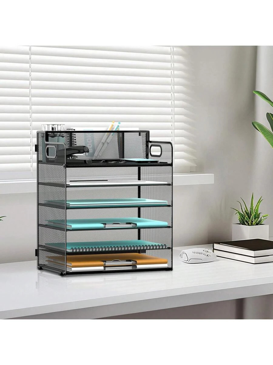 6 Tier Desk Organizer Mesh Paper File Handle 3 Pen Holders Letter Tray Office