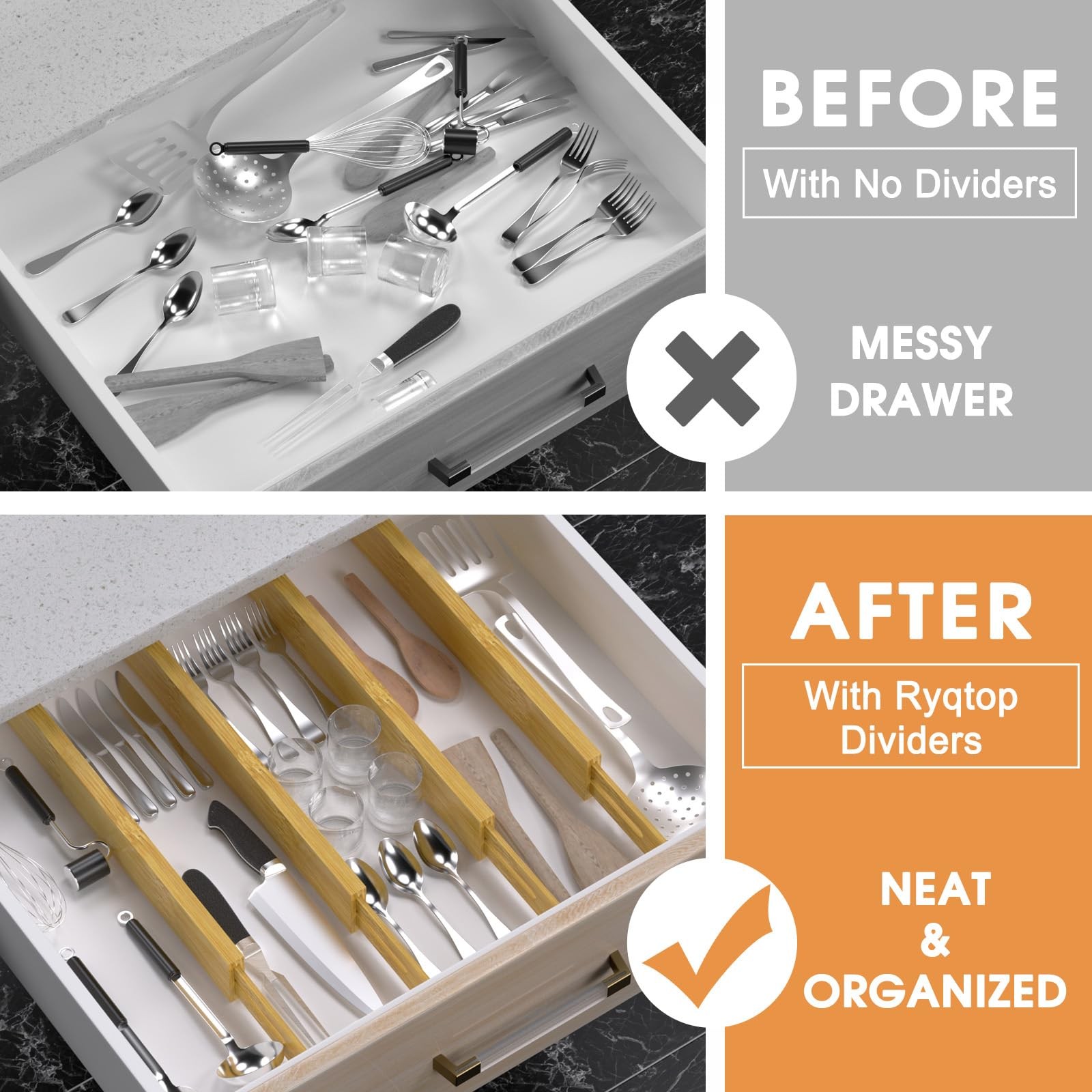 Ryqtop Bamboo Drawer Dividers Organizers, Kitchen 12-17 IN,