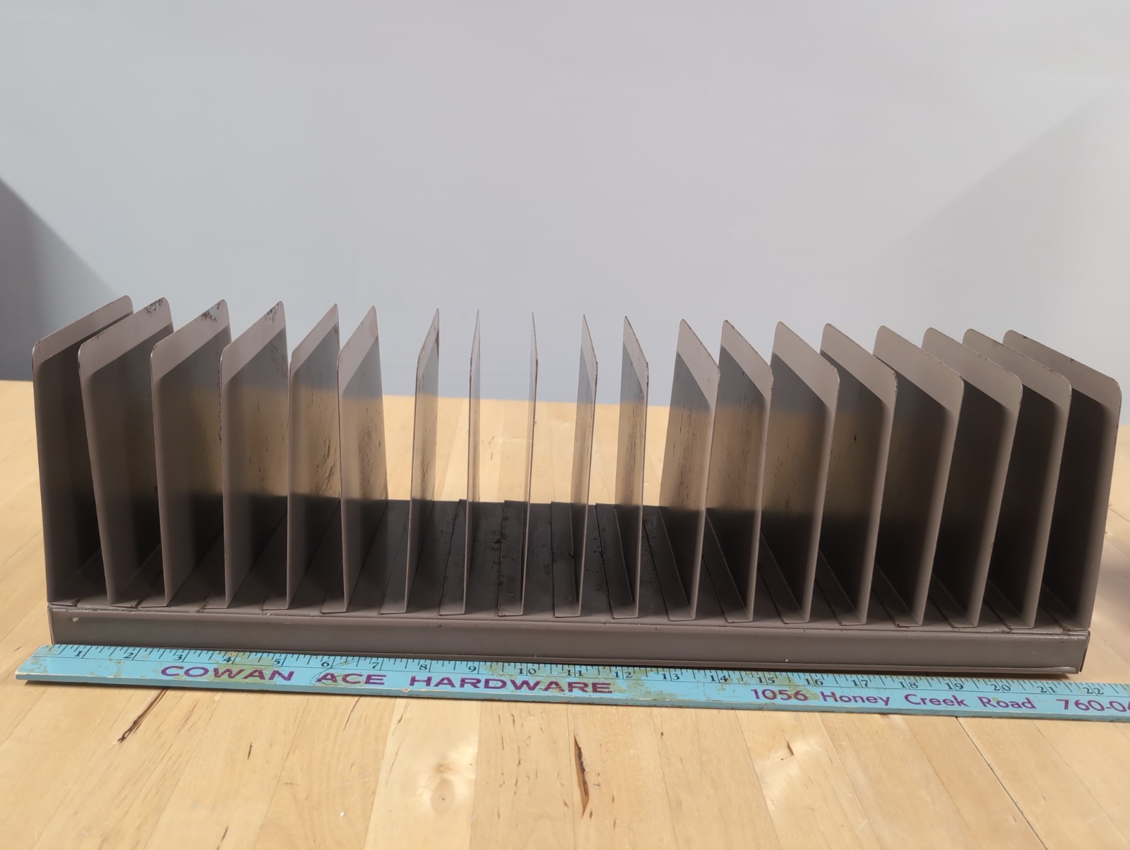 Vtg. 18 Slot Brown Metal Industrial Paper File Sorter /Desktop Organizer Large