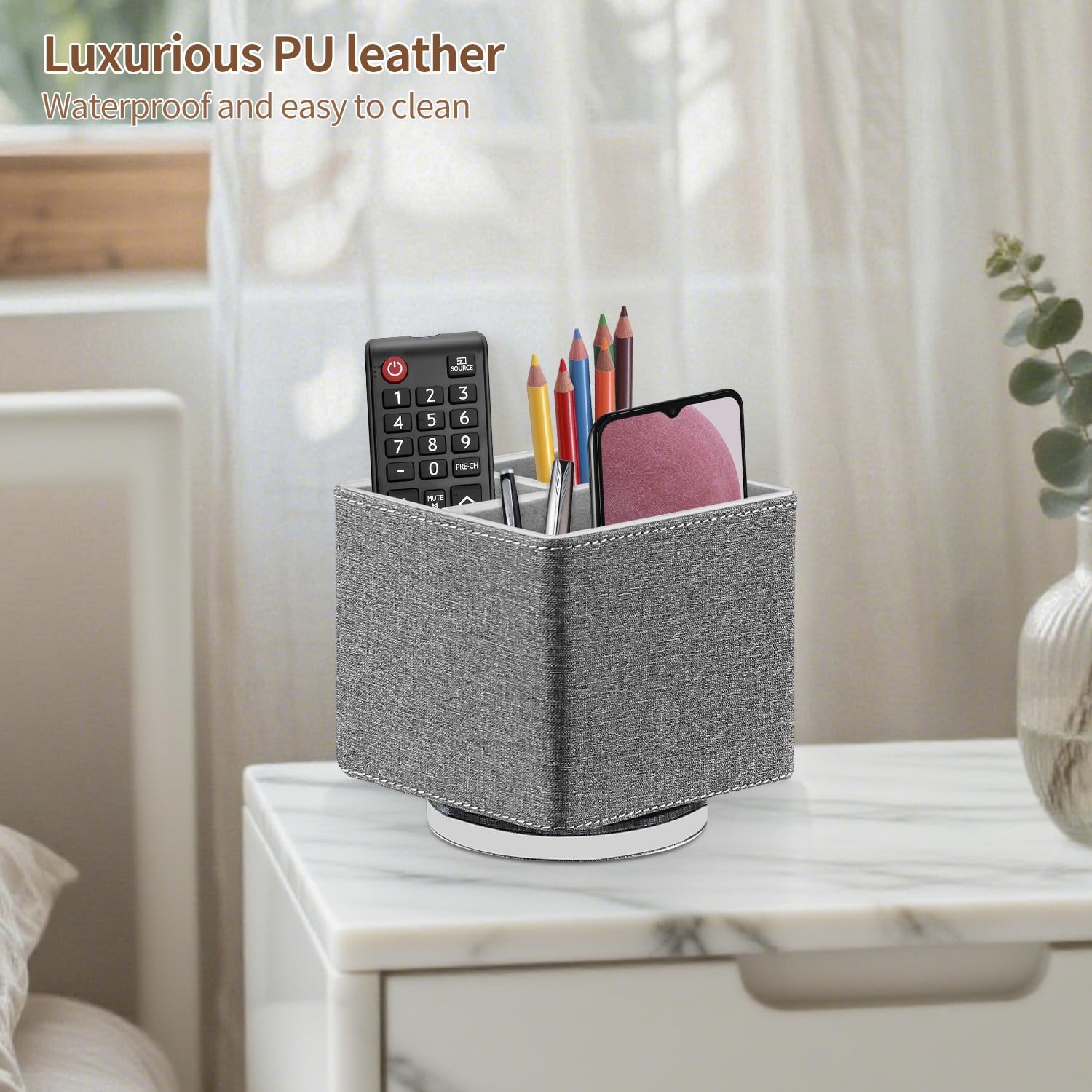 Remote Control Holder 360° Swivel TV Remote Holder for Table PU Leather Remot…