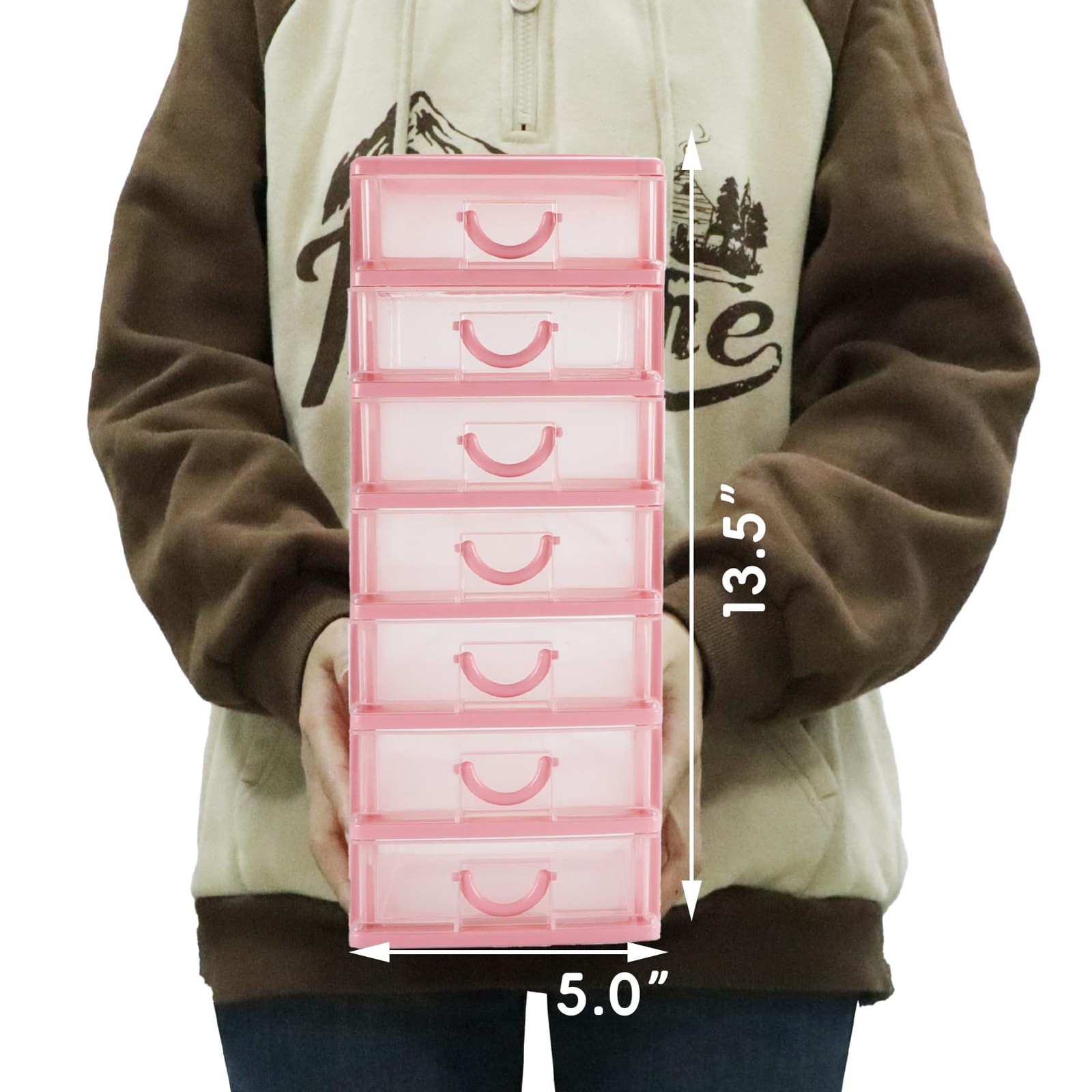 Rempry Mini Plastic Organizer with 7 Clear Drawers, 7.1″x5.1″x13.2″ Pink