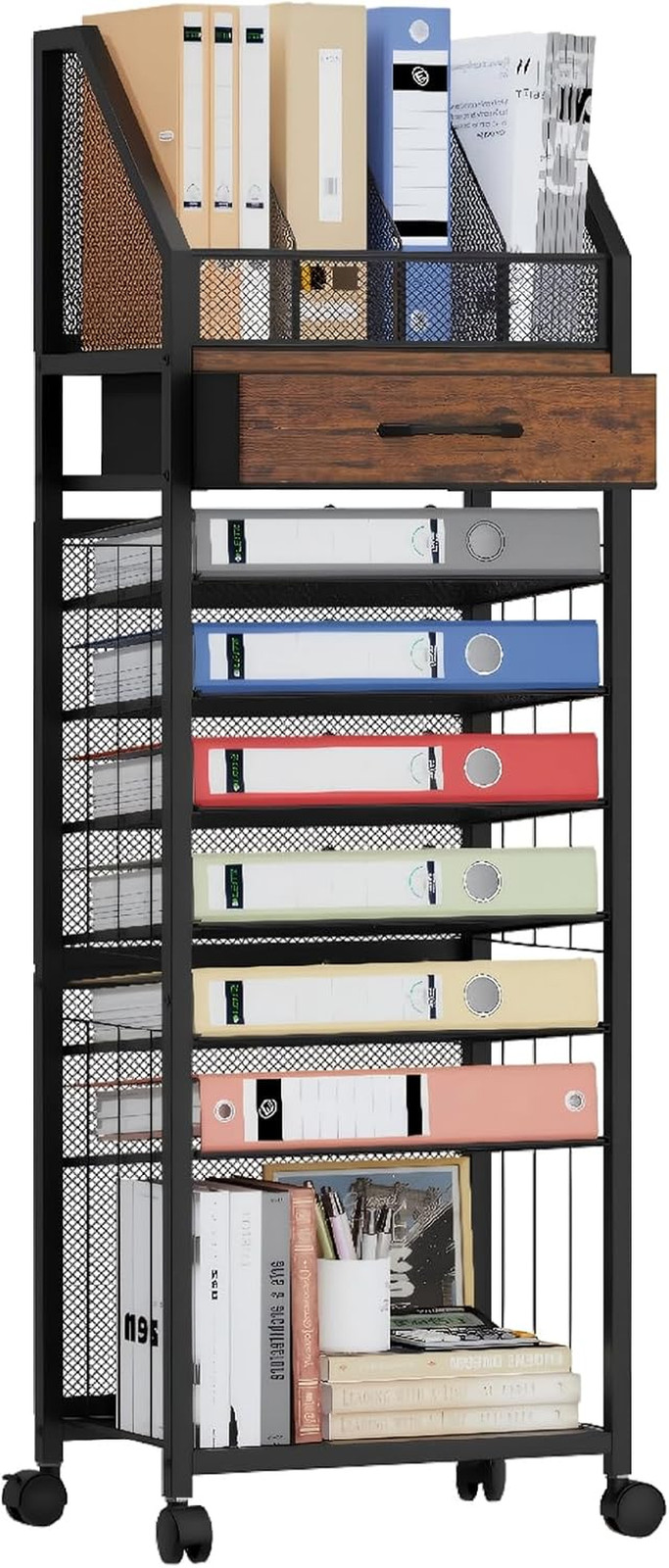 9-Tier Rolling File Cart – Paper Organizer with Drawer and Trays, Wood Desk Offi