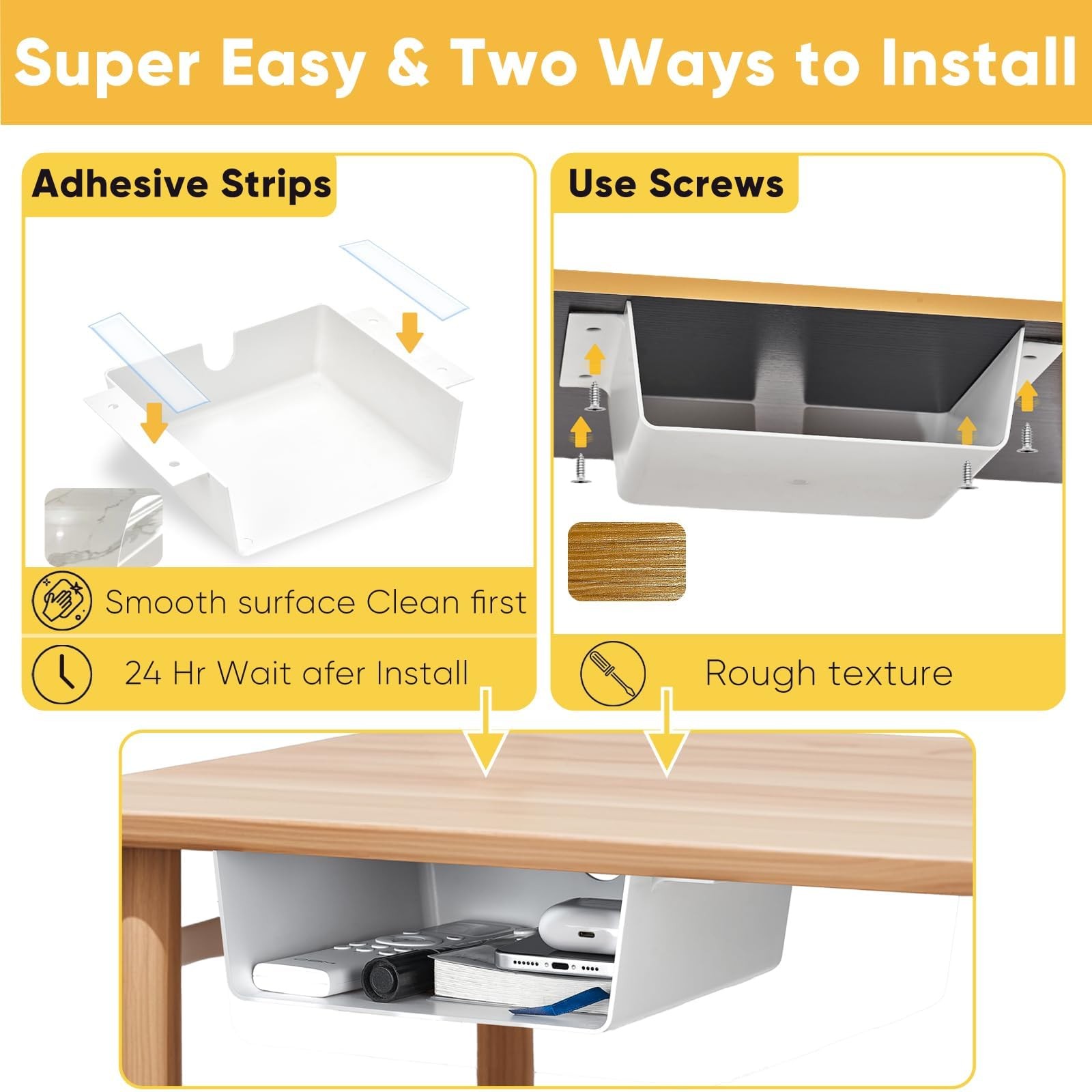 2 PCS Under Desk Hanging Shelf Drawer Organizer Plastic Hidden Storage White