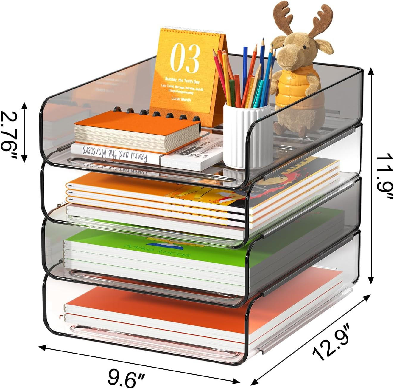 4-Tier Acrylic Paper Tray Organizer, Clear & Brown Stackable Desk Organizer for