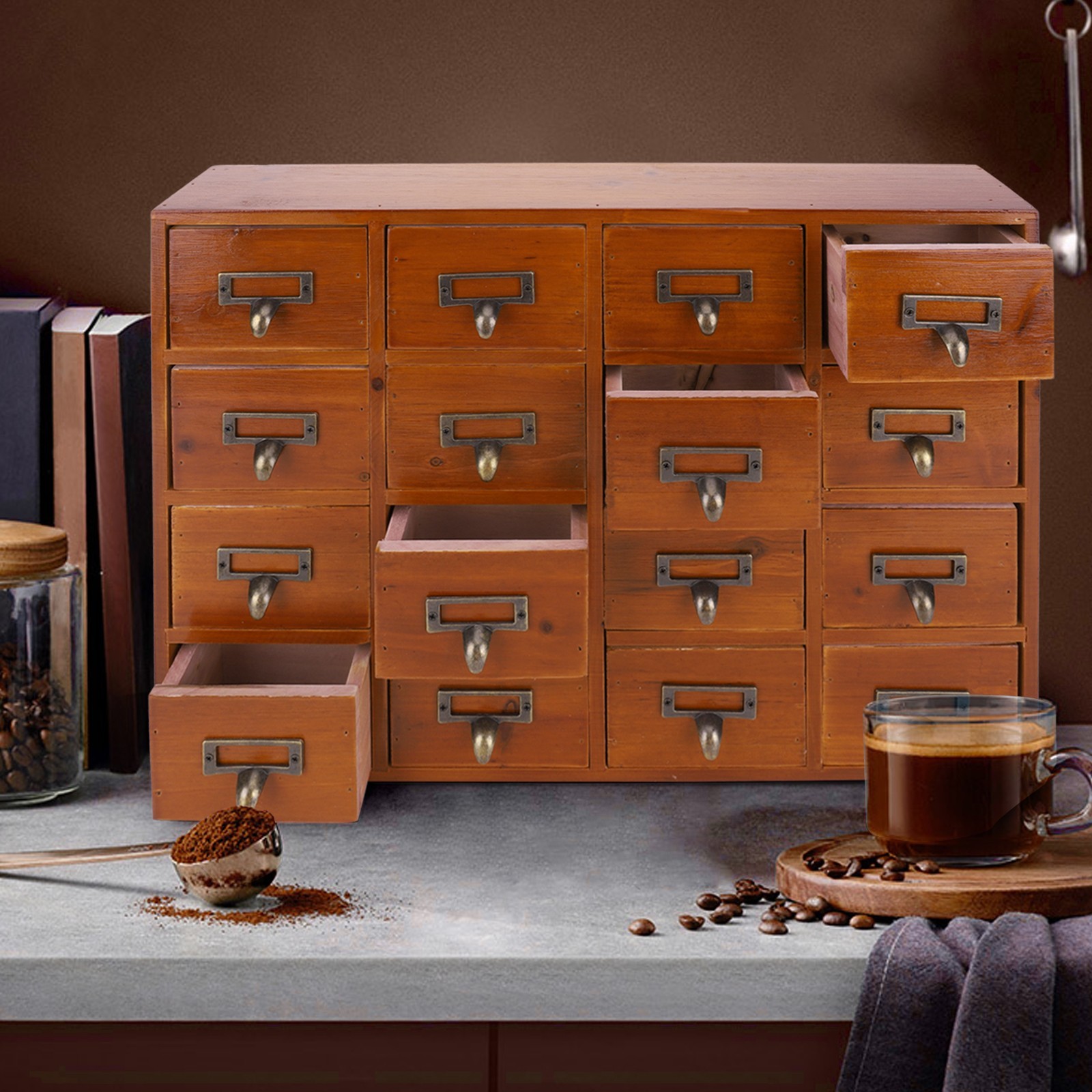 Vintage 16 Drawers Tabletop Library Card Catalog Cabinet Apothecary Storage Box