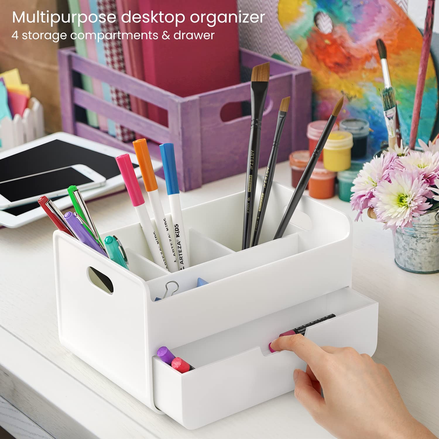 Arteza Small Desk Organizer Drawer Portable White Caddy Pen Holder Lightweight