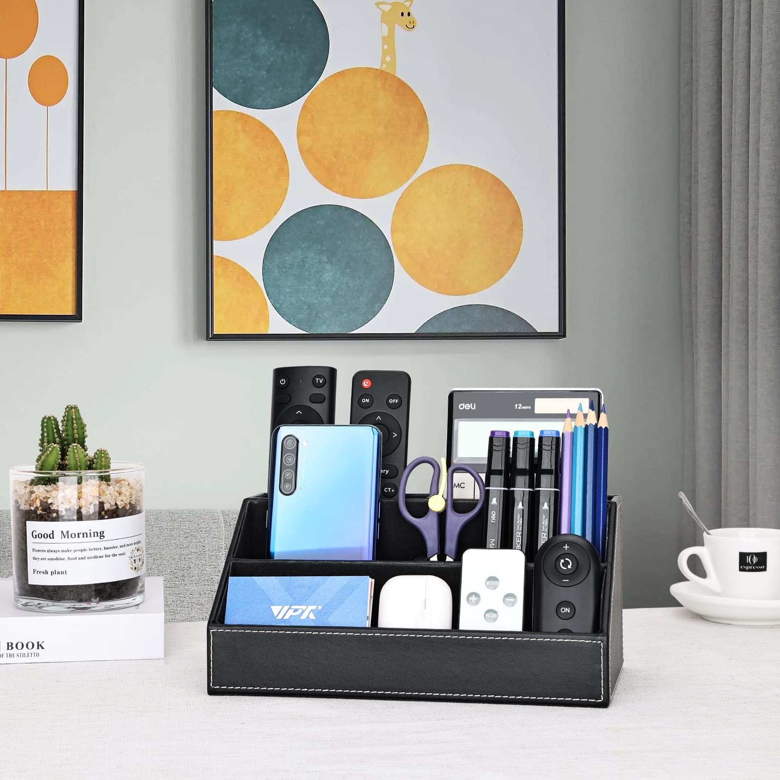 KINGFOM Pu Leather Desk Organizer with 5 9.4 x 5.3 x 4.7 inches, Black