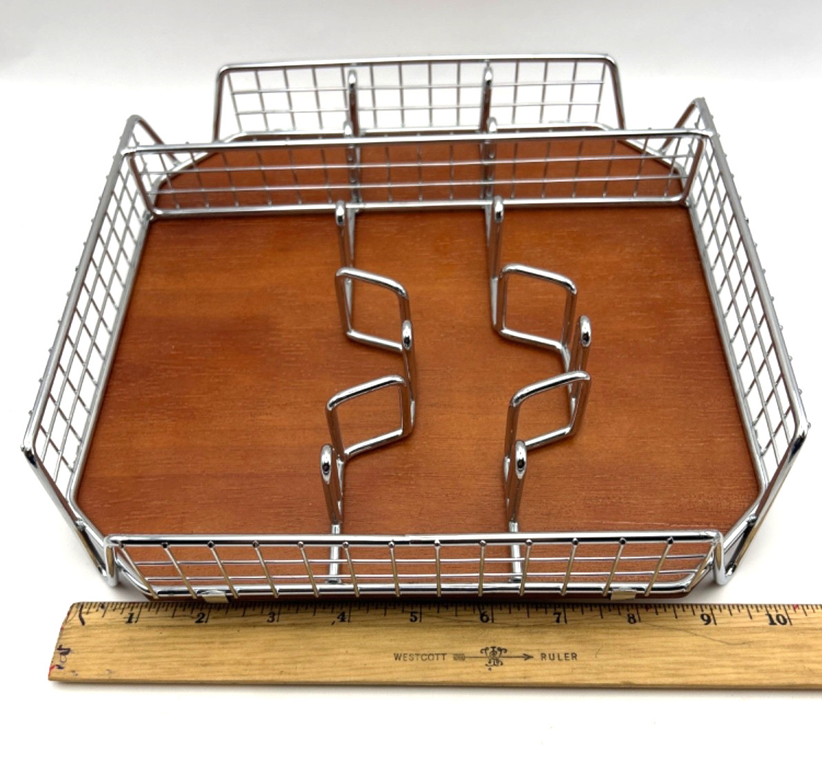 Chrome Wire Letter Mail Organizer w/ Wood Base Desktop File Sorter Office