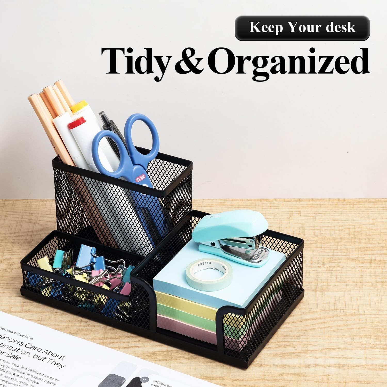 Mesh Pen Holder Desk Organizers Pencil Holder for Desk Black, 3 Compartments …