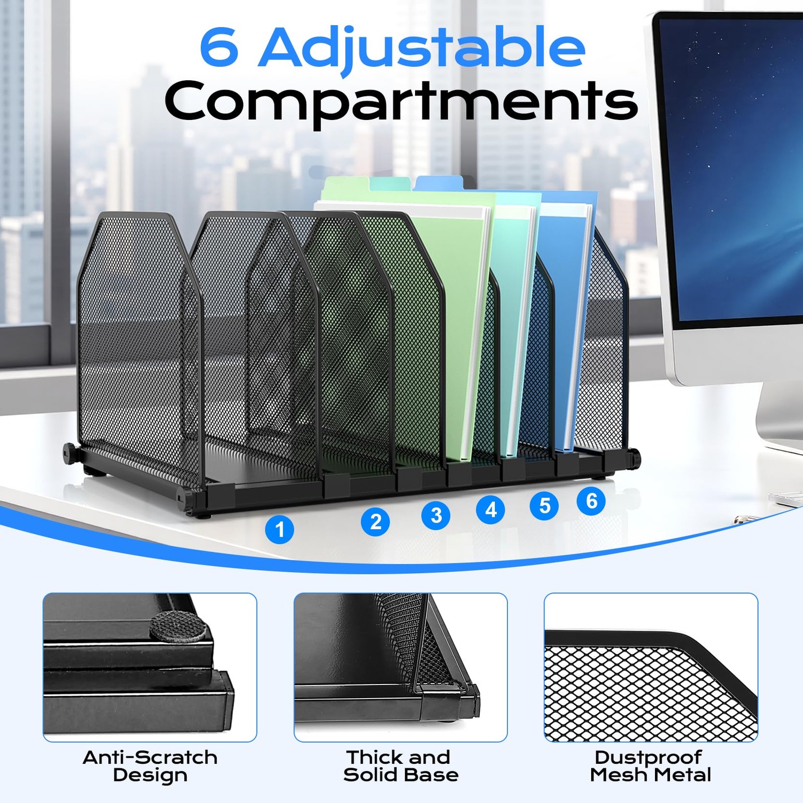 ZONGALL Adjustable File Organizer for Desk, 6 Sections Vertical Black