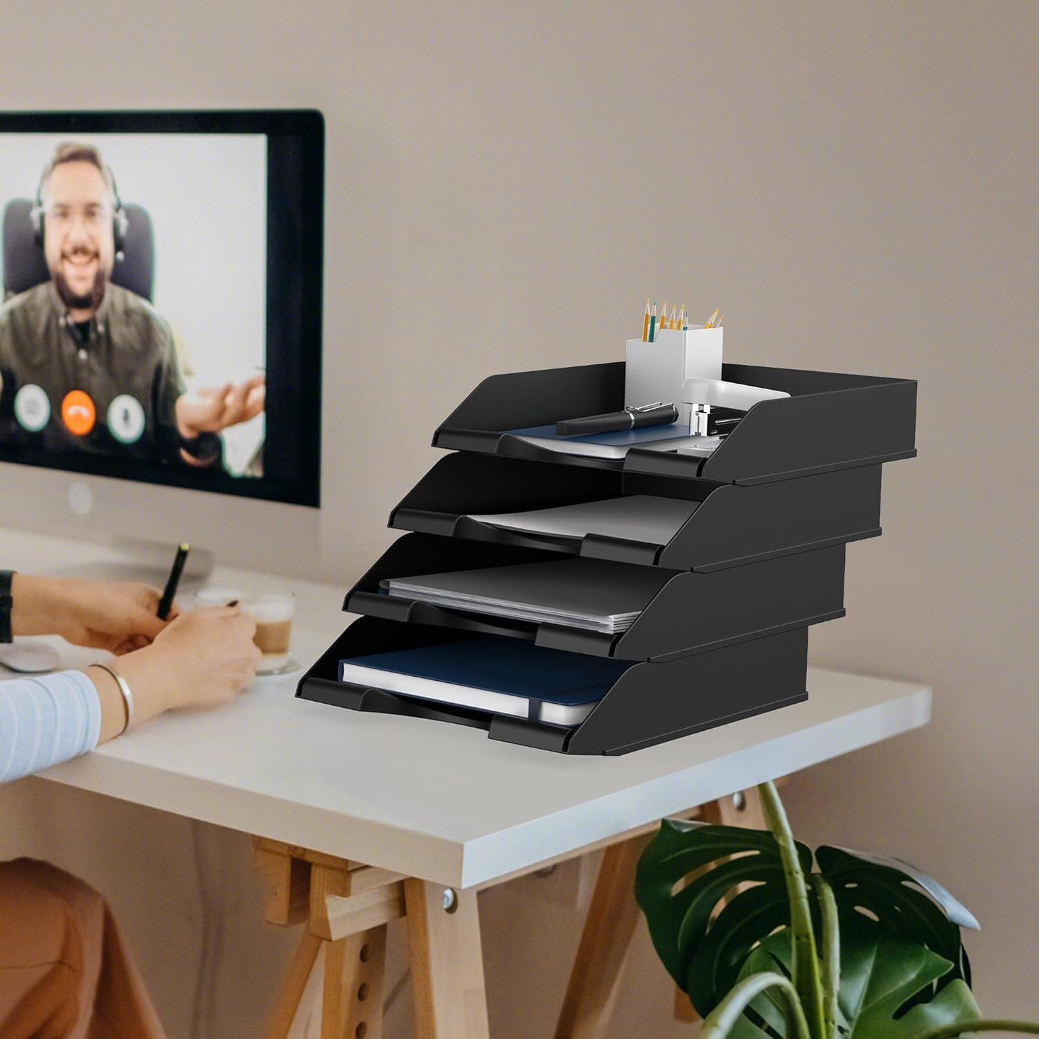 4 Pack Stackable Paper Trays for Letter Documents, Desktop File Organizers for O