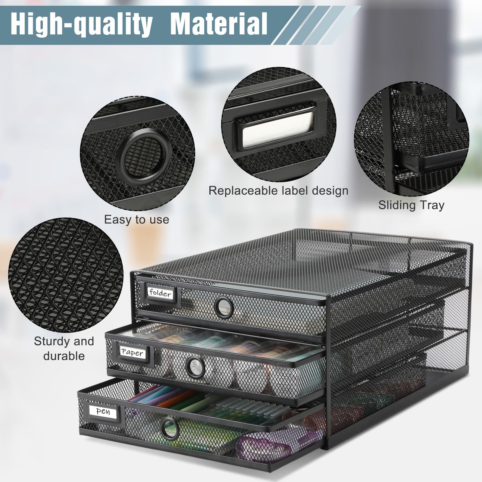 Zhanmai 1 Pack Black Desk Organizer with Drawer Total Wire Mesh 3 Tier,