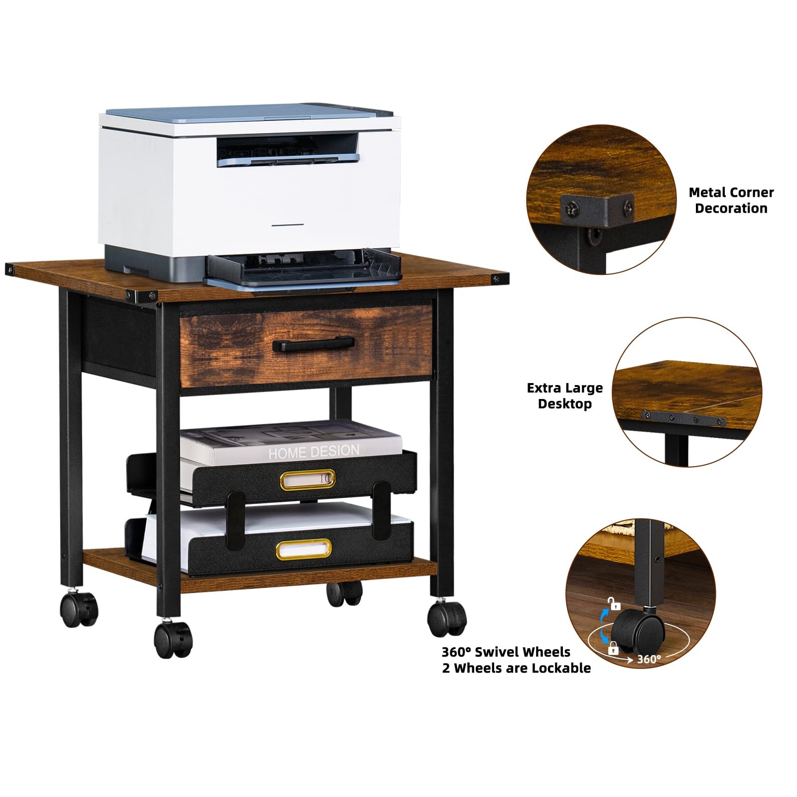 Lerliuo Under Desk Rolling Printer Stand with Drawer, 2-Tier 2 Tier, Brown