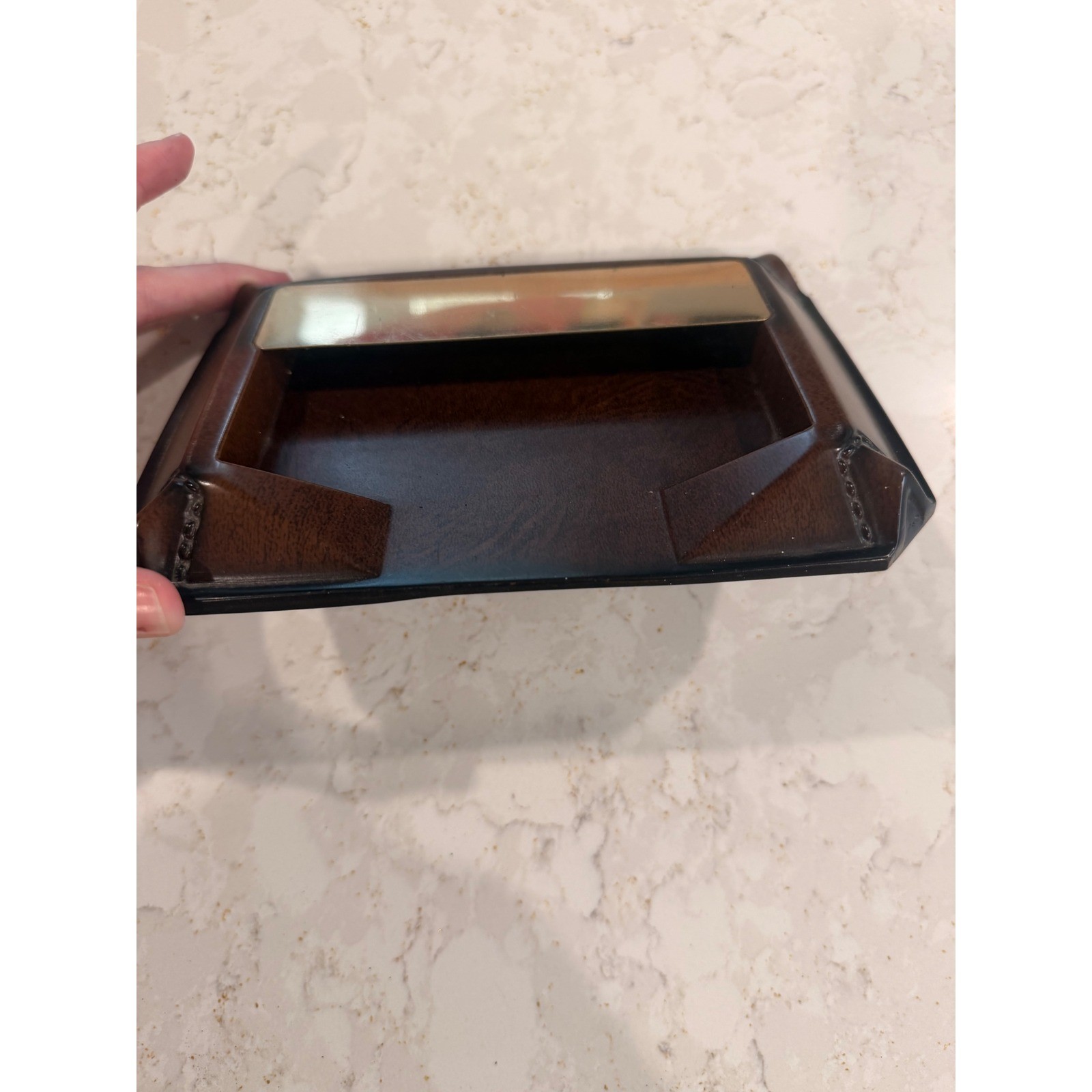 Vintage Brown Faux Leather Memo Pad Holder Brass MCM Desk Organizer Office Decor