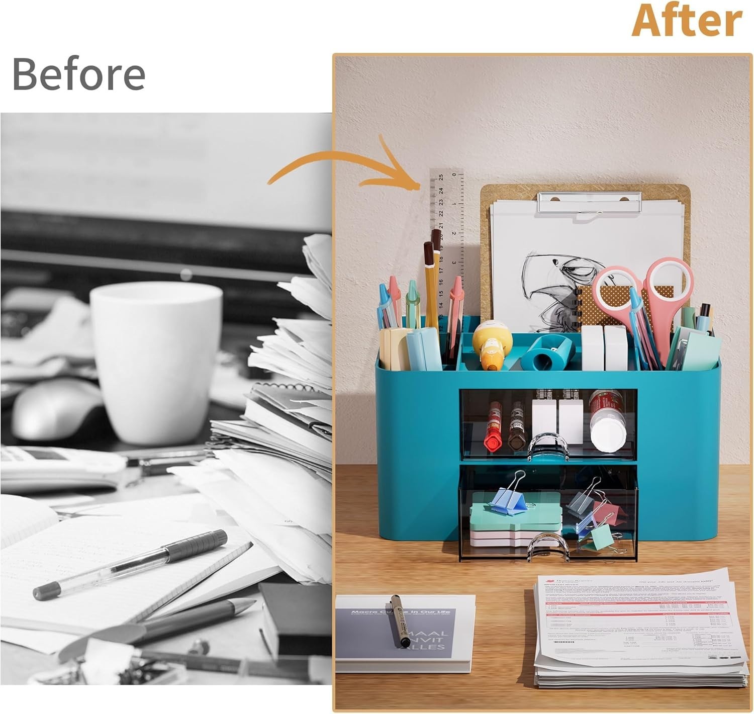 Pen Organizer with 2 Drawer, Multi-Functional Pencil Holder for Desk, Desk Organ