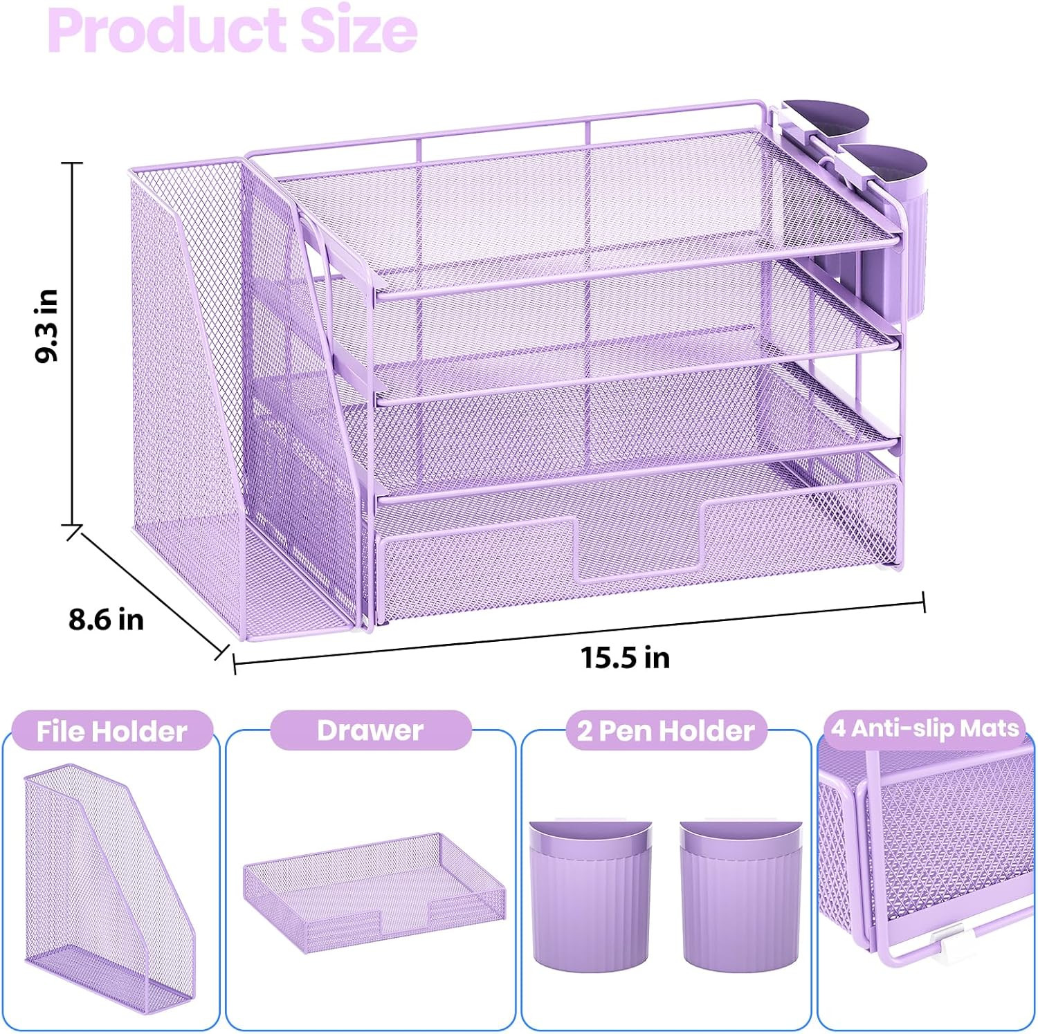 4 Tier Desk Organizer with Drawer and 2 Pen Holders Purple