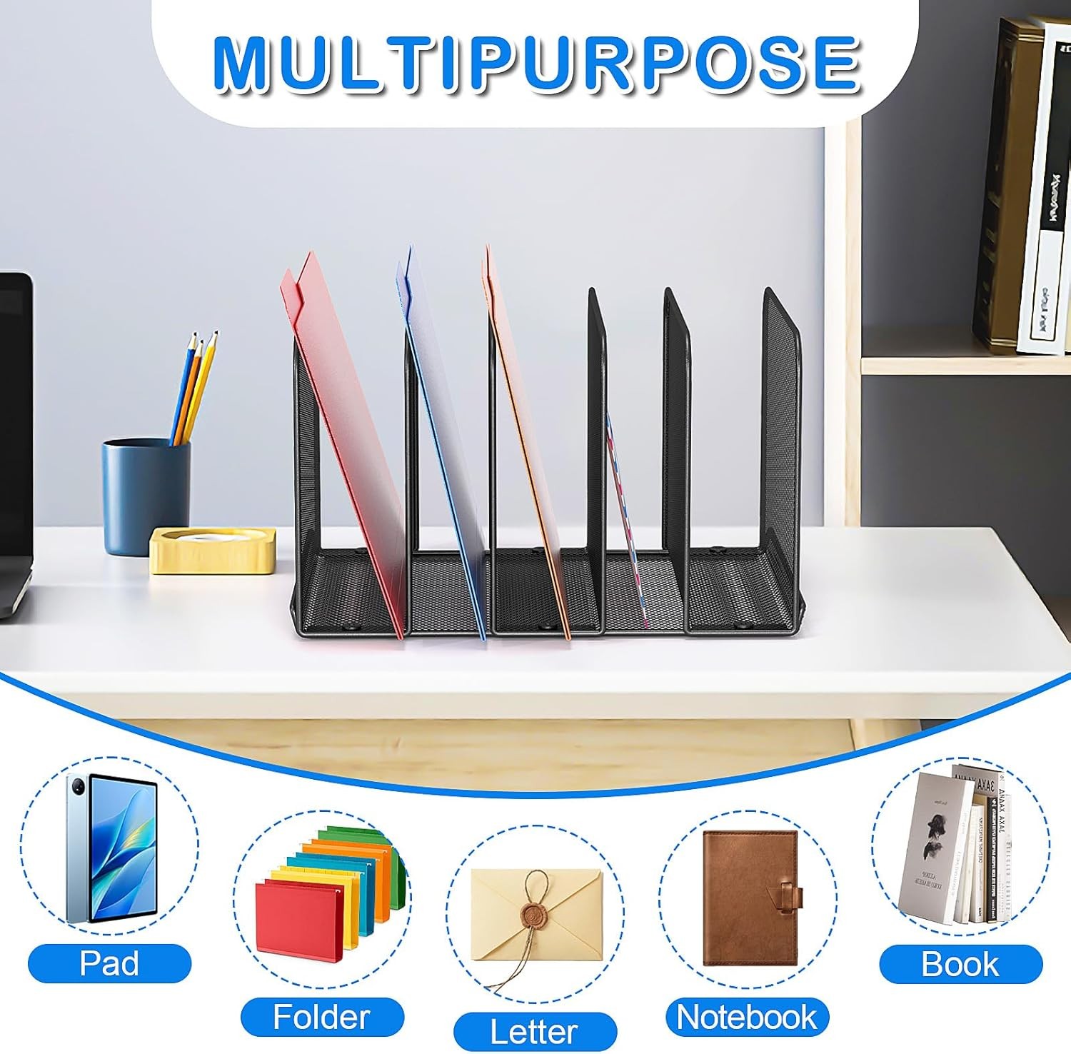 5-Section Mesh Desk File Organizer Metal Upright Desktop Rack for Documents &