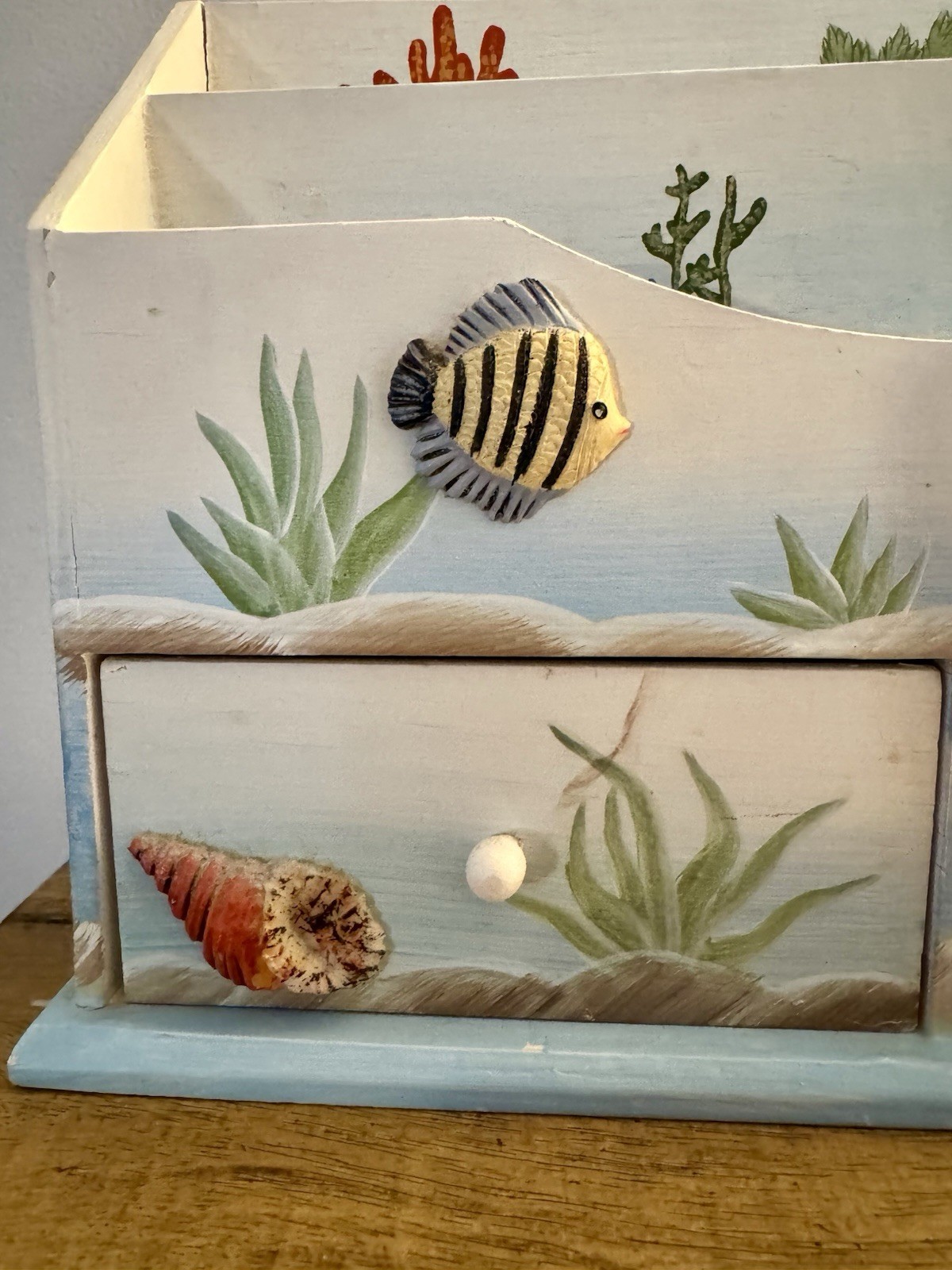 Coastal Beach Theme Tiered Wood Desktop Organizer Hand painted Ocean Fish