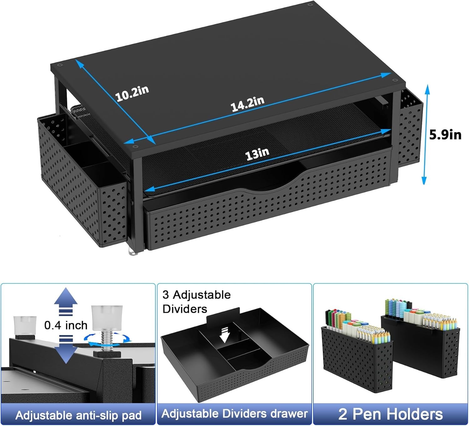 Ergonomic Black Monitor Stand with Drawer & 2 Pen Holders – Desk Organizer