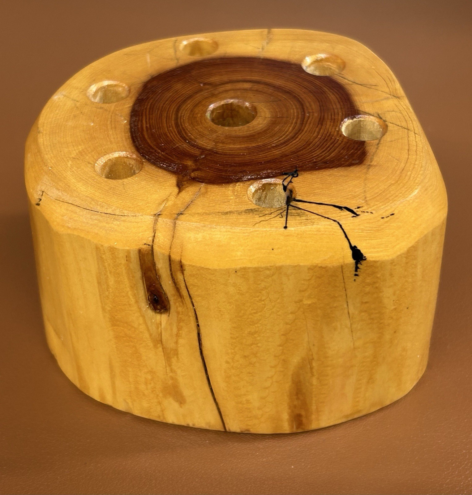 3.5” Handmade Rustic Wood Log Pencil Holder w/ 7 Holes for Desk Wooden