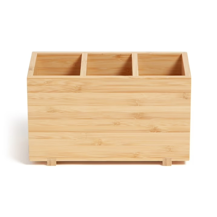 U Brands Zen Bamboo Desktop Organizer 3 Compartment Wood Pen Pencil Holder Tray