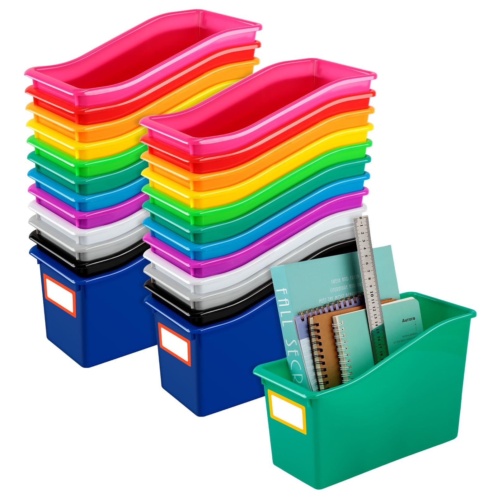 24 Pack Multicolor Book Bins for Classroom Decor Bulk Plastic Bins with Name …