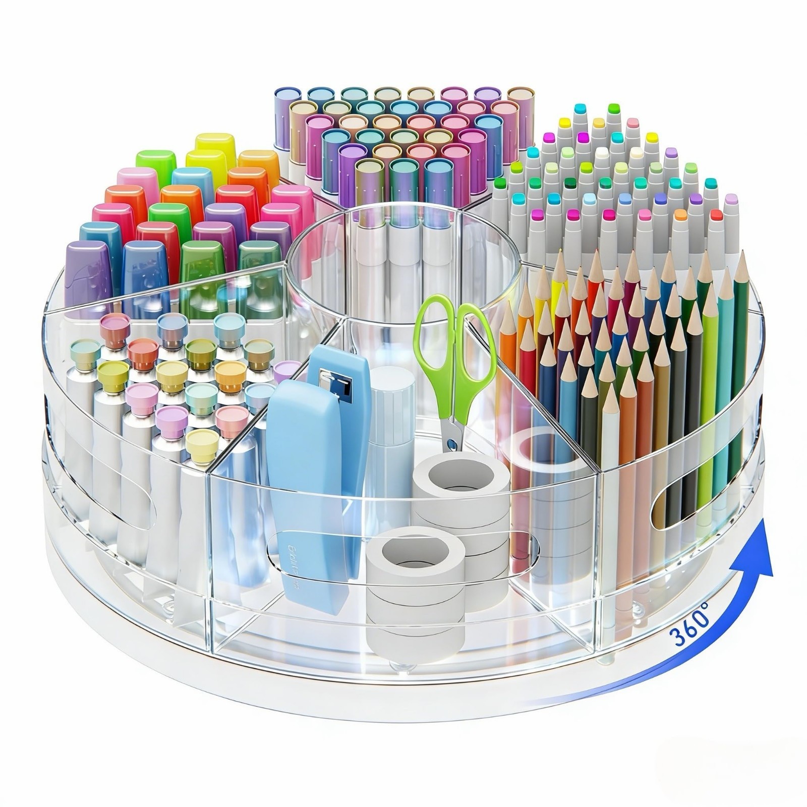 Clear Acrylic Rotating Organizer – 7 Compartment Pen & Art Supply Holder for Des