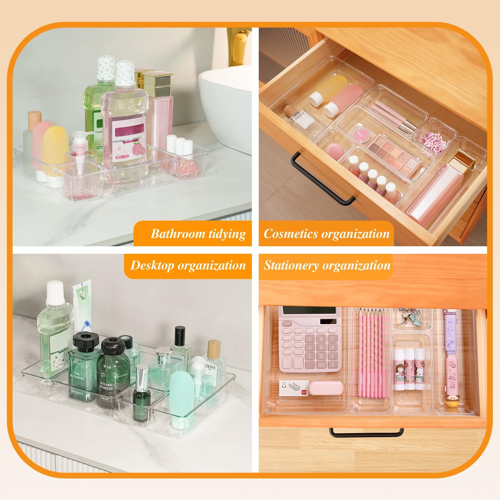 Clear Acrylic Drawer Organizers Set, Makeup & Office Desk Storage, 25 Pcs