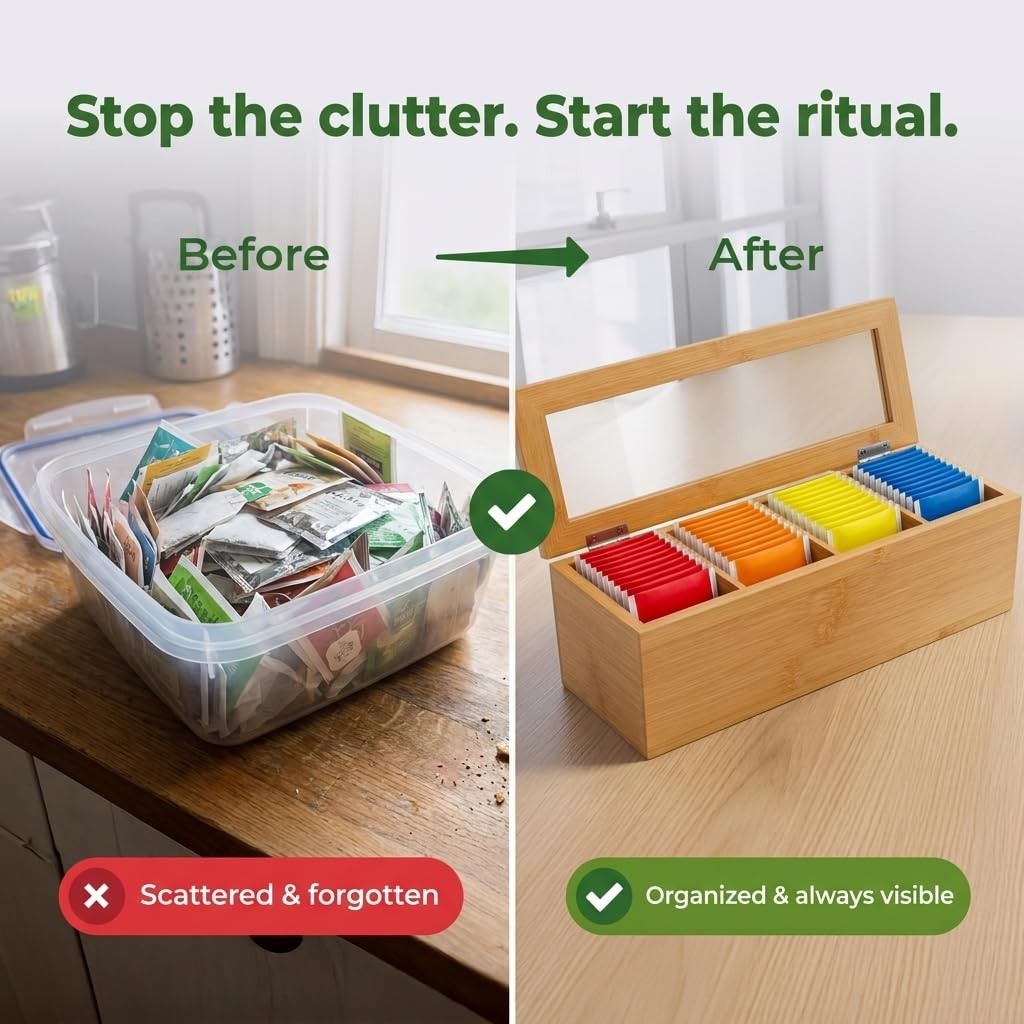 Whotti Tea Bag Organizer – Bamboo Box with Compact, Natural