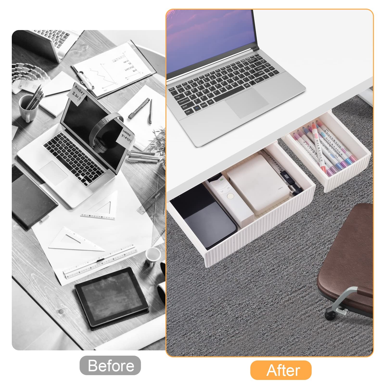 YOOUSOO Under Desk Drawer Organizer, 2 Pack Self Adhesive Slide Out white
