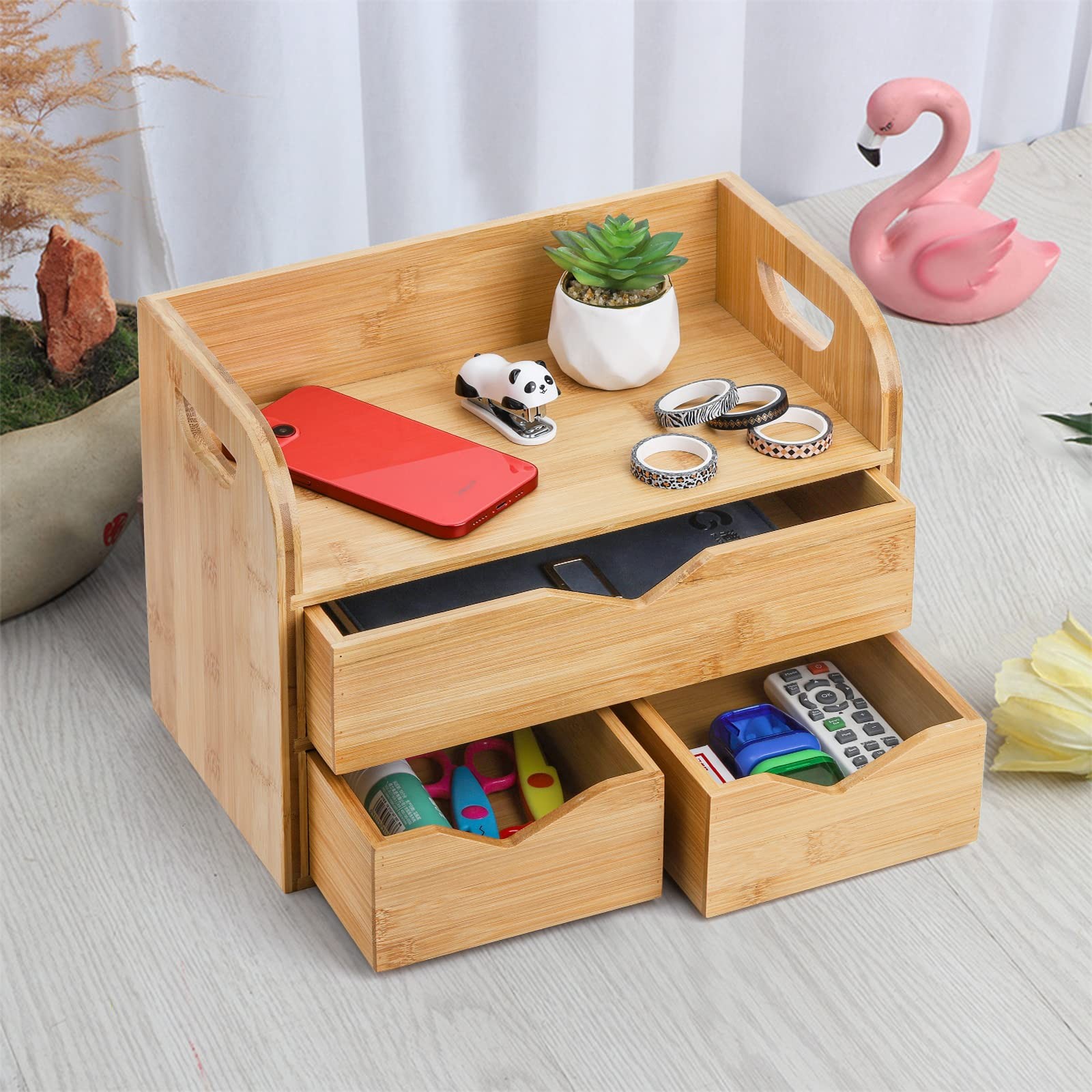 Hacaroa 3 Tier Bamboo Desktop Organizer with 3 12.5 x 6.8 x 9 inches, Wooden