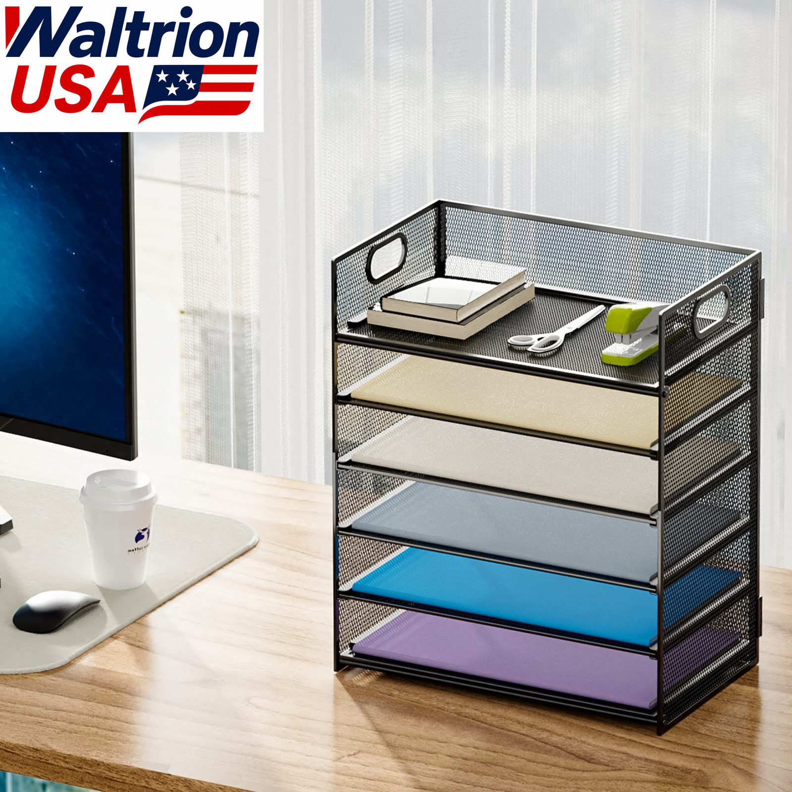 Marbrasse 6 Tier Paper Organizer Mesh Desk File Tray Letter A4 Sorter Black