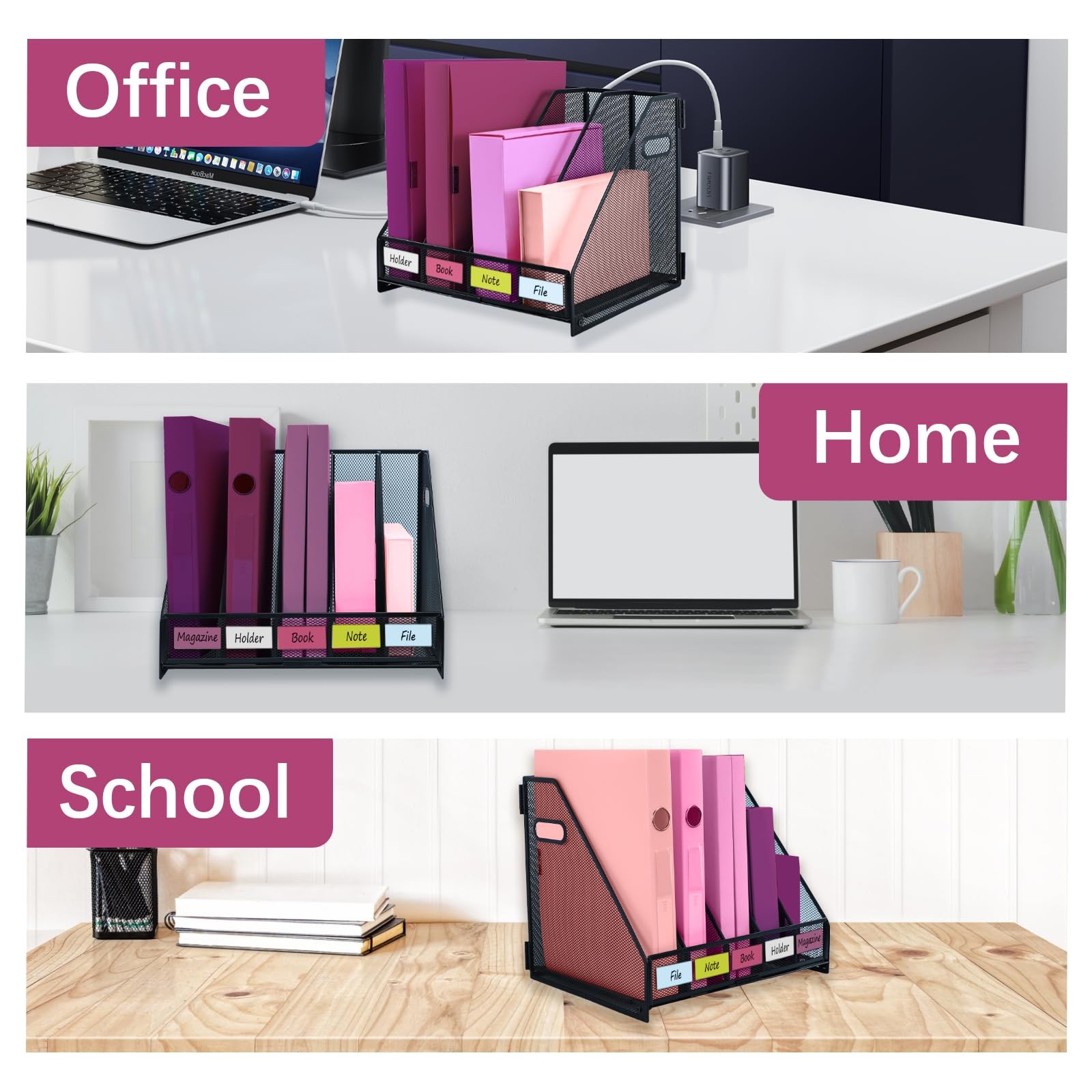ideallife Desk Organizers, Metal Magazine File Holder 5 Compartments, Black