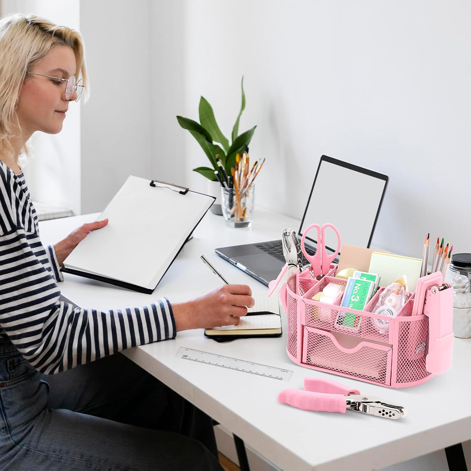 17 in 1 Pink Desk Organizers and Accessories Set, 3 Office Desk Supplies Storage