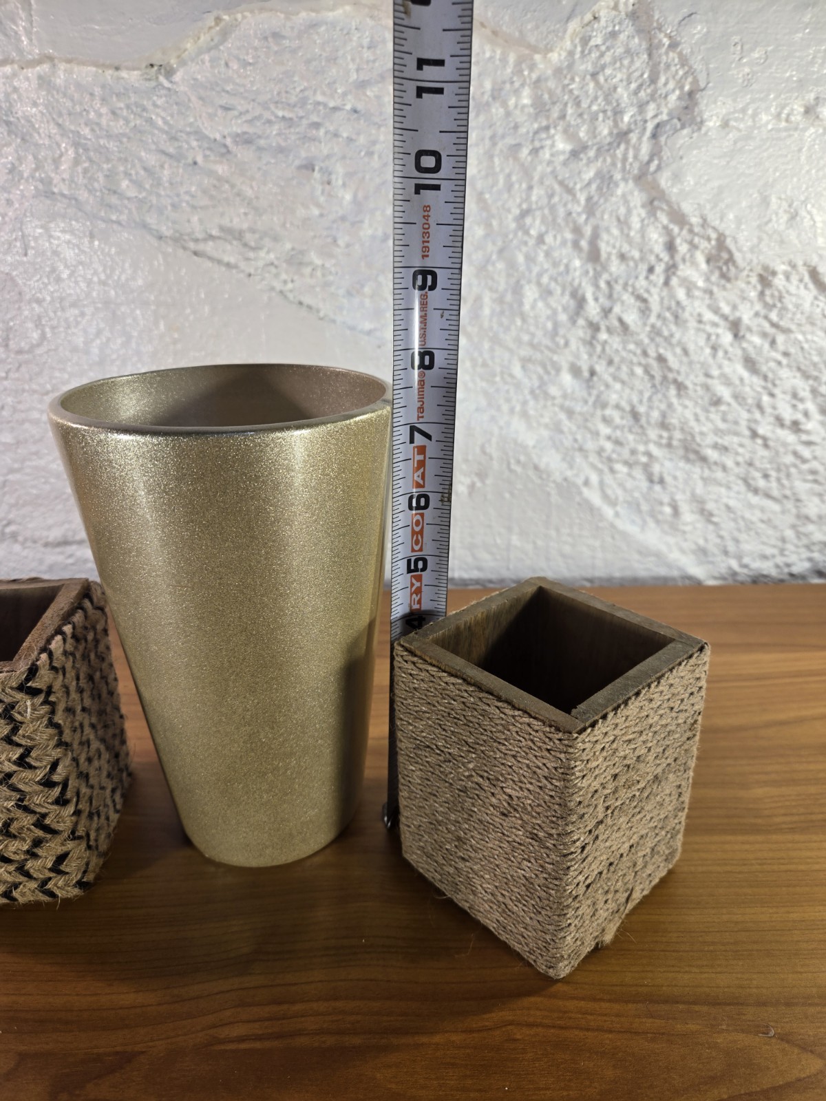 Boho Desk Organizer Set – 3pc Glossy Gold Vase & Burlap Wrapped Pencil Holders