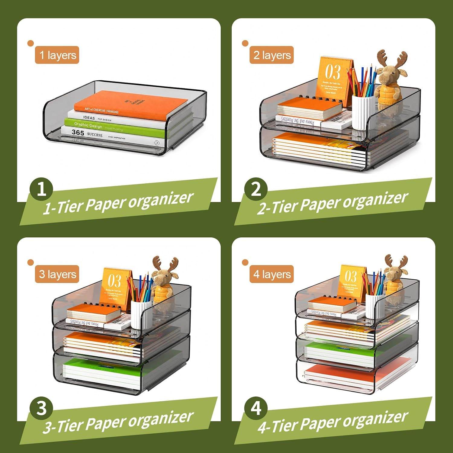 4-Tier Acrylic Paper Tray Organizer, Clear & Brown Stackable Desk Organizer for