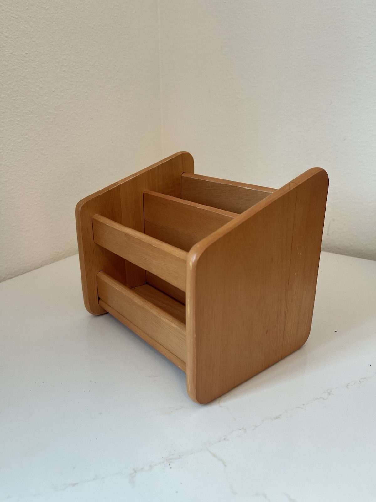 Vintage Oak Wooden Desk Organizer 2 Compartments Letter Holder