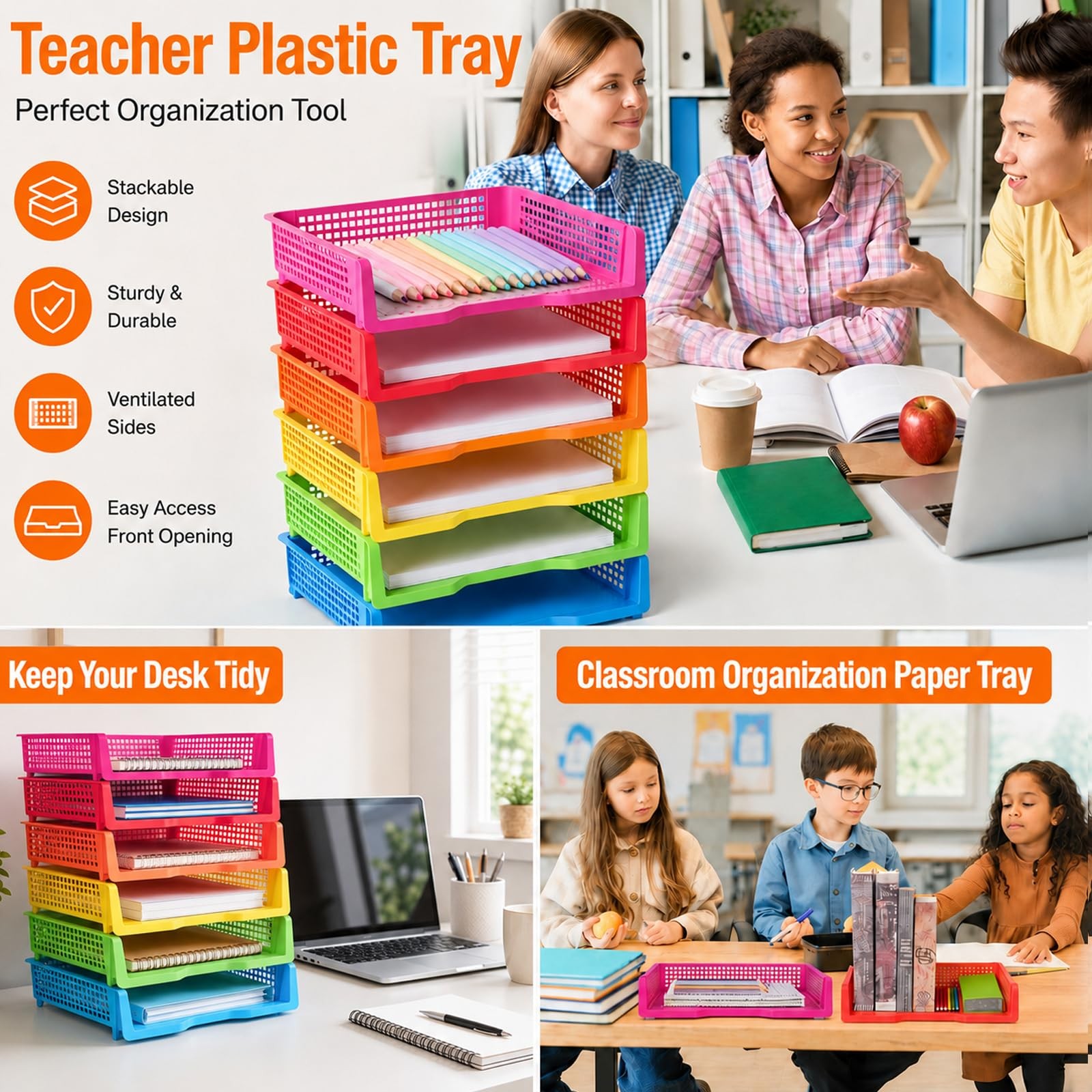 6 PCS Classroom Paper Organizers Baskets Trays For Teachers 13.4×9.5×2.7 In